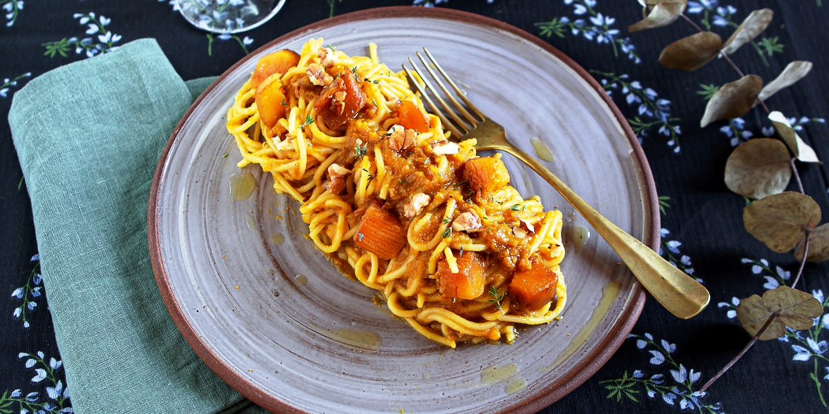 Spaghetti con Crema di Zucca al profumo di Zenzero e Noci